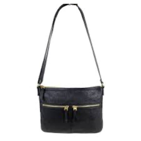 Vintage Fossil Pebbled Soft Black Cow Hide Leather Two Zip Pockets Shoulder Bag - Picture 2 of 14